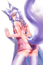 Rule 34 | 1girl, animal ears, ass, backless outfit, bare back, bare shoulders, breasts, cowboy shot, fox ears, fox tail, from behind, highres, kazuki seihou, long hair, meme attire, naked sweater, original, ribbed sweater, sideboob, silver hair, slit pupils, small breasts, solo, sweater, tail, thighhighs, turtleneck, turtleneck sweater, virgin killer sweater, yellow eyes