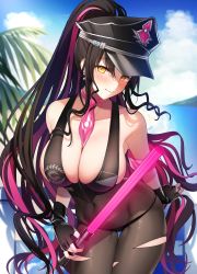 Rule 34 | 1girl, bare arms, bare shoulders, between breasts, bikini, black bikini, black gloves, black hair, black hat, bodystocking, breasts, cleavage, covered navel, cowboy shot, day, earrings, fate/grand order, fate (series), fingerless gloves, gloves, groin, hat, highres, holding, jewelry, large breasts, long hair, looking at viewer, miko (royal milk), military hat, multicolored hair, necktie, outdoors, peaked cap, ponytail, sessyoin kiara, sessyoin kiara (swimsuit mooncancer), sessyoin kiara (swimsuit mooncancer) (second ascension), skindentation, smile, solo, standing, string bikini, swimsuit, torn clothes, two-tone hair, very long hair, yellow eyes