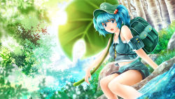 Rule 34 | 1girl, adapted costume, arkatopia, backpack, bag, bare shoulders, blue eyes, blue hair, breasts, hair bobbles, hair ornament, hat, kappa, kawashiro nitori, key, leaf umbrella, looking at viewer, matching hair/eyes, midriff, open mouth, scenery, short hair, shorts, sitting, sleeveless, solo, sunlight, touhou, tree, twintails, two side up, water