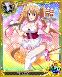 Rule 34 | 1girl, ahoge, breasts, card (medium), chess piece, choker, cleavage, cup, hair between eyes, high school dxd, holding, holding tray, large breasts, long hair, looking at viewer, maid, maid headdress, official art, open mouth, purple eyes, rook (chess), shidou irina, shoes, short sleeves, solo, teacup, teapot, thighhighs, tongue, torn clothes, tray, twintails, wrist cuffs