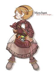 Rule 34 | 1girl, absurdres, apple, black pantyhose, blonde hair, blush, boviburger, breasts, brown bag, brown footwear, brown hair, brown hairband, brown jacket, brown skirt, commentary, english commentary, english text, flask, food, fruit, full body, green apple, hairband, highres, jacket, long sleeves, looking afar, looking to the side, medium bangs, medium breasts, merchant (ragnarok online), o o, open mouth, pantyhose, pinky out, potion, ragnarok battle offline, ragnarok online, red apple, shirt, shoes, short hair, shrug (clothing), simple background, skirt, solo, standing, white background, white shirt