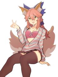 Rule 34 | 1girl, :d, absurdres, animal ear fluff, animal ears, black skirt, black thighhighs, blue bow, bow, bra, breasts, cleavage, collarbone, commentary, commission, cowboy shot, distr, english commentary, fang, fate/extra, fate (series), fox ears, fox girl, fox shadow puppet, fox tail, hair between eyes, hair bow, highres, hood, hoodie, large breasts, long hair, long sleeves, looking at viewer, multiple tails, open clothes, open hoodie, open mouth, pink bow, pink bra, pink hair, pink hoodie, pink trim, pleated skirt, ribbon, simple background, sitting, skirt, smile, solo, striped clothes, striped hoodie, tail, tamamo (fate), tamamo no mae (spring casual) (fate), thighhighs, underwear, white background, white hoodie, yellow eyes