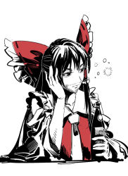 Rule 34 | 1girl, bottle, bow, bubble, closed mouth, detached sleeves, drunk, facial hair, frilled bow, frills, hair bow, hakurei reimu, holding, long hair, long sleeves, manly, monochrome, necktie, red theme, ruukii drift, simple background, solo, squeans, stubble, touhou, upper body, vest, white background