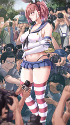 Rule 34 | 1girl, 6+boys, animal ears, atlanta (kancolle), bare shoulders, black neckerchief, black panties, blush, breasts, brown hair, camera, cleavage, collarbone, commentary request, cosplay, crop top, crossed arms, crowded, earrings, elbow gloves, fake animal ears, gloves, grey eyes, hair between eyes, highleg, highleg panties, highres, holding, holding camera, jewelry, kantai collection, kuroame (kurinohana), large breasts, long hair, midriff, miniskirt, multiple boys, navel, neckerchief, open mouth, outdoors, panties, pleated skirt, rabbit ears, sailor collar, school uniform, serafuku, shimakaze (kancolle), shimakaze (kancolle) (cosplay), shirt, sidelocks, skirt, sleeveless, sleeveless shirt, solo focus, standing, star (symbol), star earrings, striped clothes, striped thighhighs, sweat, taking picture, thighhighs, two side up, underwear, white gloves, white serafuku