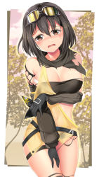 Rule 34 | 1girl, arknights, bandeau, bare shoulders, black gloves, black hair, black scarf, blush, breasts, brown eyes, cleavage, commentary request, cowboy shot, eunectes (arknights), gloves, goggles, goggles on head, hair between eyes, head tilt, highres, large breasts, looking at viewer, nose blush, open mouth, scarf, see-through, short hair, solo, standing, strapless, thighs, tube top, yasume yukito