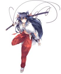 Rule 34 | 1girl, animal ears, artist request, black hair, bridal gauntlets, character request, full body, fur, highres, holding, holding sword, holding weapon, jewelry, long hair, navel, necklace, official art, red eyes, ribbon, sandals, simple background, solo, sword, tabi, tail, weapon, white background, youkai hyakki-tan!