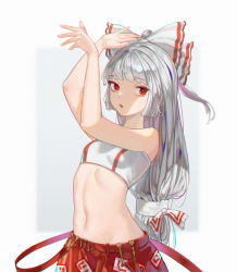 Rule 34 | 1girl, absurdres, adapted costume, alucard pie, arms up, bow, breasts, chinese commentary, commentary, cowboy shot, crop top, expressionless, fujiwara no mokou, grey background, hair bow, highres, large bow, long hair, looking at viewer, low-tied long hair, medium breasts, navel, open mouth, pants, ponytail, red eyes, red pants, silver hair, simple background, sleeveless, solo, stomach, striped, touhou, vertical stripes, white background, white bow