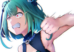 Rule 34 | 1girl, absurdres, angry, armpits, clenched teeth, constricted pupils, detached collar, double bun, dress, fighting stance, green dress, green hair, hair bun, hair ornament, highres, hololive, motion blur, punching, red eyes, short hair, simple background, skull collar, skull hair ornament, solo, teeth, tomotomo (awai), uruha rushia, uruha rushia (1st costume), virtual youtuber, white background