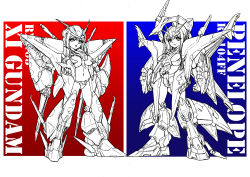 Rule 34 | 2girls, absurdres, armor, atsushi-jima (yatterseven), blue background, breasts, character name, commentary request, english text, full body, greyscale, greyscale with colored background, gundam, gundam hathaway&#039;s flash, highres, long hair, looking at viewer, mecha musume, medium breasts, midriff, monochrome, multiple girls, navel, penelope (hathaway&#039;s flash), red background, sidelocks, smile, standing, v-fin, xi gundam