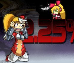 Rule 34 | 2girls, call (mighty no. 9), call e, call f, dated, garrison cap, geistbox, hat, headphones, headset, holding head, joints, kneeling, mighty no. 9, multiple girls, necktie, pantyhose, ponytail, robot joints, side ponytail, smug, tears