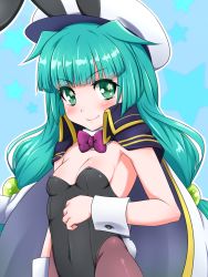 Rule 34 | 10s, 1girl, animal ears, black leotard, bow, bowtie, brown pantyhose, cowboy shot, detached collar, fake animal ears, future card buddyfight, green eyes, green hair, hat, highres, leotard, looking at viewer, low twintails, pantyhose, peaked cap, playboy bunny, purple bow, purple bowtie, rabbit ears, rabbit tail, smile, solo, strapless, strapless leotard, surume (clavis), tail, teito ku, twintails, wrist cuffs