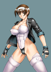 Rule 34 | 1girl, abs, bang-you, black gloves, black jacket, breasts, brown eyes, brown hair, buttons, cleavage, closed mouth, collarbone, cosplay, covered erect nipples, covered navel, cowboy shot, eyebrows, fingerless gloves, ghost in the shell, ghost in the shell stand alone complex, gloves, grey background, groin, hair between eyes, hairband, highleg, highleg leotard, jacket, kashiwagi azusa, kizuato, kusanagi motoko, kusanagi motoko (cosplay), large breasts, legs apart, leotard, looking at viewer, muscular, open clothes, open jacket, serious, shiny skin, short hair, simple background, skindentation, solo, standing, strapless, strapless leotard, thick eyebrows, thighhighs, thighs, toned, white leotard, white thighhighs