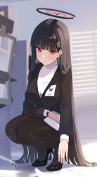 Rule 34 | 1girl, absurdres, black footwear, black hair, black jacket, black pantyhose, black suit, blue archive, blush, breasts, buttons, chair, closed mouth, formal, full body, gubbi on, hair ornament, hairclip, halo, high heels, highres, holding, holding paper, indoors, jacket, kneeling, korean commentary, large breasts, long hair, long sleeves, looking at viewer, office, office lady, pantyhose, paper, red eyes, rio (blue archive), shadow, suit, sweater, turtleneck, turtleneck sweater, very long hair, watch, white sweater, window, wristwatch