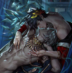 Rule 34 | 2boys, armlet, black hair, book, bracer, chinese commentary, closed eyes, commentary request, face-to-face, fingernails, gold trim, hades (series), hades 1, hand on another&#039;s chest, highres, imminent kiss, jewelry, kdash, laurel crown, light particles, lying on person, male focus, multiple boys, navel, neck ring, nipples, parted bangs, plant, short hair, thanatos (hades), watermark, white hair, yaoi, zagreus (hades)