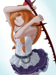 Rule 34 | 1girl, arms up, belt, bow, chain, closed mouth, commentary request, cookie (touhou), cowboy shot, hair bow, holding, holding sword, holding weapon, horn ornament, horn ribbon, horns, ibuki suika, johnnyyyyy, katana, long hair, looking at viewer, orange eyes, orange hair, purple ribbon, purple skirt, red bow, red neckwear, ribbon, shirt, sidelocks, simple background, skirt, sleeveless, sleeveless shirt, solo, sword, torn clothes, torn sleeves, touhou, two-handed, very long hair, weapon, white background, white shirt, yamin (cookie)