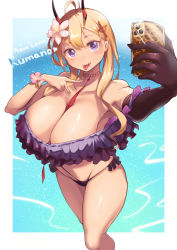 Rule 34 | 1girl, absurdres, ahoge, armpits, azur lane, bare legs, between breasts, bikini, black bikini, black gloves, blonde hair, blush, bracelet, breasts, cellphone, character name, choker, cleavage, commentary, copyright name, demon horns, elbow gloves, eyelashes, fangs, feet out of frame, flower, frilled bikini, frills, gloves, hair flower, hair ornament, heart, heart-shaped pupils, highres, holding, holding phone, horns, iparupua, jewelry, kumano (azur lane), kumano (fancy waves) (azur lane), large breasts, long hair, looking at viewer, mismatched bikini, multi-strapped bikini, off-shoulder bikini, off shoulder, official alternate costume, open mouth, outstretched arm, phone, purple bikini, purple eyes, red choker, red neckwear, sagging breasts, selfie, single glove, smartphone, smile, solo, string bikini, swimsuit, symbol-shaped pupils, thighs, tongue, tongue out, v, wrist flower, x hair ornament