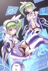 Rule 34 | 2girls, closed eyes, display, elbow gloves, gloves, green hair, headphones, highres, holographic interface, md5 mismatch, monitor, multiple girls, navel, open mouth, original, purple eyes, resolution mismatch, siblings, side ponytail, sisters, sitting, source smaller, thighhighs, twins, zenn