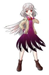 Rule 34 | 1girl, alphes (style), boots, bow, covering own mouth, cross-laced footwear, dairi, dress, full body, hand over own mouth, highres, jacket, kishin sagume, long sleeves, looking at viewer, parody, red eyes, short hair, silver hair, simple background, single wing, solo, standing, style parody, touhou, transparent background, white background, wings