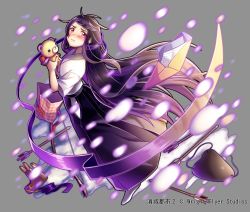 Rule 34 | 1girl, arrow (projectile), bad id, bad pixiv id, bag, black hair, blush, bow (weapon), grey background, hair ribbon, hakama, hakama skirt, highres, holding, holding stuffed toy, japanese clothes, long hair, muneate removed, nou (nounknown), official art, pink eyes, ribbon, shoumetsu toshi 2, skirt, solo, standing, stuffed animal, stuffed toy, teddy bear, very long hair, weapon