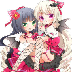 Rule 34 | 2girls, :o, bad id, bad pixiv id, bat wings, black hair, blonde hair, bow, carrying, colored eyelashes, fishnet legwear, fishnets, garter straps, green eyes, hair bow, hair ornament, long hair, multiple girls, official art, open mouth, otome tensei grimoire den, pink eyes, princess carry, smile, tail, thighhighs, toma tokage, very long hair, wings