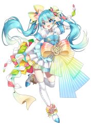 Rule 34 | 1girl, :d, aqua eyes, aqua hair, aqua nails, bad id, bad pixiv id, blush, boots, bow, detached sleeves, earrings, flower, full body, hair between eyes, hair bow, hair flower, hair ornament, hatsune miku, highres, ichiren namiro, jewelry, kneehighs, long hair, looking at viewer, nail polish, open hands, open mouth, puffy short sleeves, puffy sleeves, ring, short sleeves, simple background, skirt, smile, socks, solo, sparks, standing, standing on one leg, thighhighs, too many bows, twintails, very long hair, vocaloid, white background, wrist cuffs