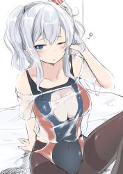 Rule 34 | 1girl, absurdres, bed sheet, black pantyhose, blue eyes, blush, breasts, center opening, cleavage, cleavage cutout, clothing cutout, competition swimsuit, covered navel, cowboy shot, dyson (edaokunnsaikouya), from above, hair ribbon, hand on own head, hand up, highres, jacket, kantai collection, kashima (kancolle), large breasts, long hair, looking at viewer, on bed, one-piece swimsuit, one eye closed, panties, pantyhose, pantyhose under swimsuit, parted lips, ribbon, see-through, silver hair, simple background, sitting, sleepy, solo, swimsuit, swimsuit under clothes, twintails, two side up, underwear, wavy hair, white background