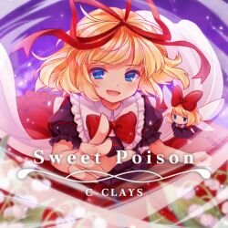 Rule 34 | 1girl, album cover, back bow, black shirt, black skirt, blonde hair, blouse, blue eyes, blush, bow, bowtie, c-clays, circle name, clenched hand, cloud, collar, collared shirt, cover, english text, fairy, fairy wings, field, fingernails, flower, flower field, frilled shirt, frilled shirt collar, frilled skirt, frilled sleeves, frills, game cg, hair bow, hair ribbon, lily of the valley, long skirt, looking at viewer, medicine melancholy, official art, open mouth, outdoors, petals, puffy short sleeves, puffy sleeves, purple sky, reaching, reaching towards viewer, red bow, red bowtie, red ribbon, red shirt, red skirt, ribbon, ribbon-trimmed shirt, sally (pacch0614), shirt, short hair, short sleeves, skirt, sky, smile, solo, touhou, touhou cannonball, white bow, white collar, wind, wings