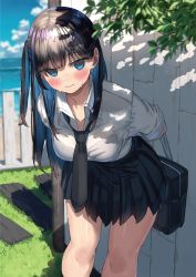 Rule 34 | 1girl, absurdres, arms behind back, bag, beach, bent over, black bra, black hair, black skirt, blue eyes, blue hair, blue sky, blunt bangs, blurry, blurry background, blush, bokeh, bra, bra visible through clothes, breasts, closed mouth, cloud, cloudy sky, collarbone, collared shirt, colored inner hair, day, depth of field, dress shirt, grass, highres, horizon, kneehighs, leaf, long hair, looking at viewer, melonbooks, miniskirt, multicolored hair, necktie, non-web source, ocean, one side up, open clothes, open shirt, original, outdoors, pleated skirt, ranf, school bag, school uniform, shirt, short sleeves, shoulder bag, sidelocks, skirt, sky, smile, socks, solo, tree, underwear, water, white shirt, wing collar