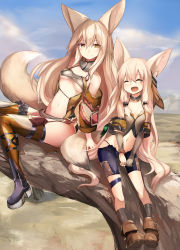 Rule 34 | 2girls, absurdres, animal ears, asymmetrical clothes, bare shoulders, blonde hair, blush, breasts, detached sleeves, elbow gloves, closed eyes, fox ears, fox tail, gloves, highres, long hair, looking at viewer, medium breasts, multiple girls, navel, open mouth, original, shorts, sitting, small breasts, smile, tail, thighhighs, underboob, yellow eyes, yoshizawa tsubaki