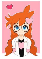 Rule 34 | 1girl, arms at sides, blue eyes, blush, border, braid, closed mouth, coat, cropped torso, female focus, glasses, hair ornament, heart, heart hair ornament, heart print, konami yung, lab coat, long hair, looking at viewer, nintendo, open clothes, open coat, orange hair, outline, outside border, penny crygor, pink background, round eyewear, sidelocks, simple background, smile, solo, twin braids, warioware, white border, white coat, white outline