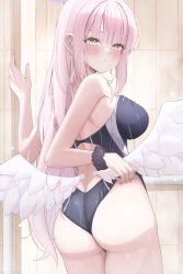 Rule 34 | 1girl, :t, absurdres, angel wings, ass, blue archive, blue one-piece swimsuit, breasts, feathered wings, from behind, halo, highres, large breasts, long hair, low wings, mika (blue archive), mofu07519, one-piece swimsuit, pink hair, pink halo, pout, purple scrunchie, school swimsuit, scrunchie, swimsuit, thighs, white wings, wings, wrist scrunchie, yellow eyes