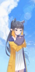 Rule 34 | 1girl, absurdres, animal ears, black hair, blonde hair, blue sky, blunt bangs, blush, closed mouth, cloud, coat, cowboy shot, creature, day, dress, highres, holding, holding creature, hololive, hololive english, long hair, long sleeves, mole, mole under eye, multicolored hair, ninomae ina&#039;nis, open clothes, open coat, petting, pointy ears, ponytail, sidelocks, sky, smile, solo, standing, streaked hair, stu diho, takodachi (ninomae ina&#039;nis), very long hair, violet (ninomae ina&#039;nis), virtual youtuber, white dress, yellow coat