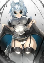 Rule 34 | 1girl, animal ear fluff, animal ears, blue eyes, blush, breasts, chain, clothes lift, from below, garter straps, highres, large breasts, mamuru, open mouth, original, panties, skirt, skirt lift, solo, striped clothes, striped panties, tail, thighhighs, underwear, upskirt, white thighhighs