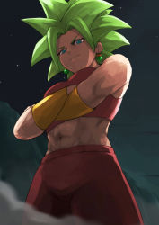Rule 34 | 1girl, abs, arms under breasts, blue eyes, blurry, bracelet, breasts, closed mouth, cowboy shot, crossed arms, depth of field, dragon ball, dragon ball super, dust, dust cloud, earrings, eyelashes, from below, frown, green hair, highres, jewelry, kefla (dragon ball), large breasts, light smile, looking down, midriff, mountain, muscular, muscular female, navel, night, night sky, pants, parted bangs, potara earrings, red pants, rock, shaded face, short hair, sky, solo, spiked hair, star (sky), starry sky, super saiyan, tuzi717, underboob, very short hair