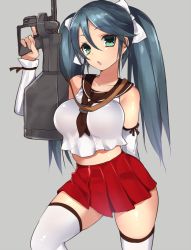 Rule 34 | 10s, 1girl, bare shoulders, blush, breasts, collarbone, crop top, crop top overhang, detached sleeves, green eyes, green hair, grey background, gun, hair ribbon, isuzu (kancolle), kantai collection, large breasts, long hair, looking at viewer, mataro (matarou), matching hair/eyes, midriff, open mouth, ribbon, simple background, skindentation, skirt, smile, solo, strap, thighhighs, trigger discipline, twintails, weapon, white thighhighs