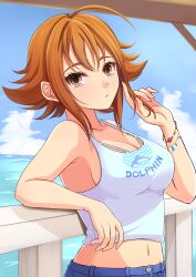 Rule 34 | 1girl, against fence, ahoge, arm rest, bare shoulders, blue sky, breasts, brown eyes, brown hair, cleavage, closed mouth, collarbone, day, dolphin print, fence, flipped hair, hand in own hair, higeyagi, highres, horizon, idolmaster, idolmaster cinderella girls, idolmaster cinderella girls starlight stage, index finger raised, large breasts, looking at viewer, midriff peek, multiple bracelets, navel, nishijima kai, ocean, outdoors, print shirt, shirt, short hair, sky, sleeveless, sleeveless shirt, solo, upper body, white shirt