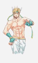 Rule 34 | 1boy, abs, bad id, bad pixiv id, blonde hair, bracelet, caesar anthonio zeppeli, facial mark, fingerless gloves, gloves, green eyes, headband, highres, jewelry, jojo no kimyou na bouken, lipstick, makeup, male focus, muscular, nail polish, one eye closed, orange nails, topless male, solo, winged hair ornament
