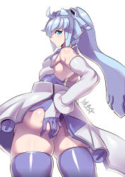 Rule 34 | 1girl, ahoge, armor, ass, ass grab, blue eyes, bracelet, breasts, commentary request, deep skin, detached sleeves, faulds, from behind, gloves, grabbing own ass, grey sleeves, gundam, gundam build divers, hand on own ass, headgear, highres, jewelry, leotard, mecha musume, mobile doll sara, purple gloves, purple thighhighs, ryuusei (mark ii), sara (gundam build divers), silver hair, small breasts, solo, thick thighs, thighhighs, thighs, thong leotard