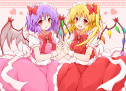 Rule 34 | 2girls, adapted costume, bad id, bad pixiv id, bat (animal), bat wings, bow, dress, fang, female focus, flandre scarlet, flandre scarlet (bat), hair bow, holding hands, hat, heart, highres, karamoneeze, looking at viewer, maid headdress, multiple girls, open mouth, pink dress, polka dot, polka dot background, purple hair, red dress, red eyes, remilia scarlet, remilia scarlet (bat), sash, siblings, side ponytail, sisters, sitting, smile, thighhighs, touhou, wing ribbon, wings, wrist cuffs