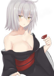 Rule 34 | 1girl, absurdres, ahoge, alcohol, breasts, cleavage, commentary request, cowboy shot, fate/grand order, fate (series), hair between eyes, hank (spider921), highres, japanese clothes, jeanne d&#039;arc (fate), jeanne d&#039;arc alter (avenger) (fate), jeanne d&#039;arc alter (fate), kimono, large breasts, looking at viewer, obi, off shoulder, open mouth, sake, sash, short hair, silver hair, solo, tsurime, white background, yellow eyes