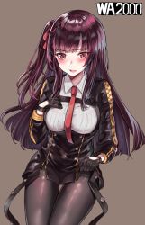 Rule 34 | 1girl, black pantyhose, black skirt, blazer, blush, braid, breasts, brown background, character name, framed breasts, french braid, girls&#039; frontline, gloves, hair ribbon, half updo, highres, jacket, large breasts, long hair, looking at viewer, necktie, one side up, open mouth, pantyhose, pelvic curtain, purple hair, red eyes, red necktie, ribbon, sak (lemondisk), shirt, sidelocks, simple background, skirt, solo, strap, thighband pantyhose, tsurime, very long hair, wa2000 (girls&#039; frontline)