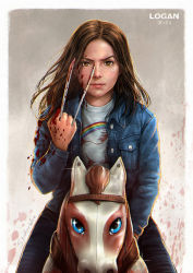 Rule 34 | 1girl, blood, blood on face, blood on clothes, brown eyes, brown hair, claw (weapon), claws, facing viewer, full body, laura kinney, logan (movie), long hair, long sleeves, looking at viewer, marvel, md5 mismatch, simple background, solo, spiderwee, weapon, x-23, x-men