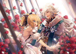 Rule 34 | 1boy, 1girl, artoria pendragon (all), artoria pendragon (fate), black bow, blonde hair, blue eyes, bow, capelet, detached sleeves, dress, fate (series), floating hair, flower, gloves, hair between eyes, hair bow, hetero, high ponytail, holding hands, linch, long hair, merlin (fate/stay night), neck ribbon, open mouth, red flower, red ribbon, ribbon, saber lily, silver hair, sleeveless, sleeveless dress, white dress, white gloves, yellow ribbon