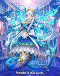 Rule 34 | 1girl, :d, air bubble, blue gloves, blue hair, blue skirt, breasts, bubble, bushiroad, crown, fish, gloves, hair bobbles, hair ornament, head wings, large breasts, long hair, looking at viewer, maekawa yuichi, mermaid, monster girl, official art, open mouth, skirt, smile, solo, underwater, very long hair, watermark, wings, yellow eyes