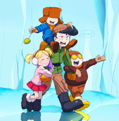 Rule 34 | 1girl, 3boys, age difference, arm hug, backpack, bag, beanie, black hair, blonde hair, blush, boots, carrying, cartoon network, child, clenched hands, closed eyes, codename: kids next door, dragging, earmuffs, fingerless gloves, gloves, goggles, hat, hat over eyes, ice, lee (knd), mittens, multiple boys, open mouth, outstretched arm, numbuh 60, piggyback, reflection, scarf, short twintails, shoulder carry, skirt, smile, sonya (knd), sweatdrop, t k g, thomas gilligan, translation request, twintails, walking