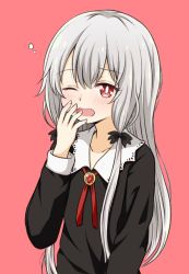Rule 34 | 1girl, black dress, blush, collared dress, commentary request, dress, grey hair, hair ribbon, hand to own mouth, highres, long hair, looking at viewer, one eye closed, open mouth, pink background, red eyes, red ribbon, ribbon, simple background, sleepy, solo, sophie twilight, tears, tonari no kyuuketsuki-san, tress ribbon, upper body, very long hair, yawning, yuu kurema