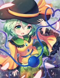 Rule 34 | 1girl, absurdres, black hat, bow, buttons, commentary, diamond button, eyeball, frilled shirt collar, frilled sleeves, frills, green eyes, green hair, green skirt, hat, hat bow, hat ribbon, heart, heart of string, highres, karuru634, komeiji koishi, long sleeves, looking at viewer, open mouth, ribbon, shirt, short hair, skirt, smile, solo, third eye, touhou, wide sleeves, yellow ribbon, yellow shirt