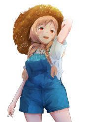 Rule 34 | 1girl, arm behind head, braid, breasts, cloud hair ornament, cowboy shot, dated, eyebrows, hat, highres, kantai collection, light brown hair, long hair, looking at viewer, low twin braids, minegumo (kancolle), mmk, one-hour drawing challenge, open mouth, overalls, red eyes, shirt, short sleeves, signature, simple background, small breasts, smile, straw hat, twin braids, white background, white shirt