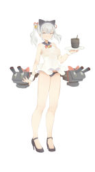 Rule 34 | 1girl, absurdres, alternate costume, animal ears, bare arms, bare legs, bare shoulders, bell, black footwear, black hairband, black panties, blue eyes, bow, breasts, cat ears, closed mouth, covered navel, cup, drinking straw, fake animal ears, full body, gaoerji, hair bell, hair ornament, hair ribbon, hairband, high heels, highres, holding, holding tray, jingle bell, kantai collection, kashima (kancolle), light frown, long hair, looking at viewer, machinery, medium breasts, no legwear, panties, pantyshot, red bow, red ribbon, ribbon, see-through, silver hair, simple background, sleeveless, solo, standing, tray, turret, twintails, underwear, white background, wrist cuffs