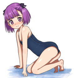 Rule 34 | 1girl, arm support, ass, bare arms, bare legs, bare shoulders, blush, closed mouth, fate (series), female focus, flat chest, full body, helena blavatsky (fate), looking at viewer, looking to the side, nopear, one-piece swimsuit, purple eyes, purple hair, smile, solo, swimsuit, white background